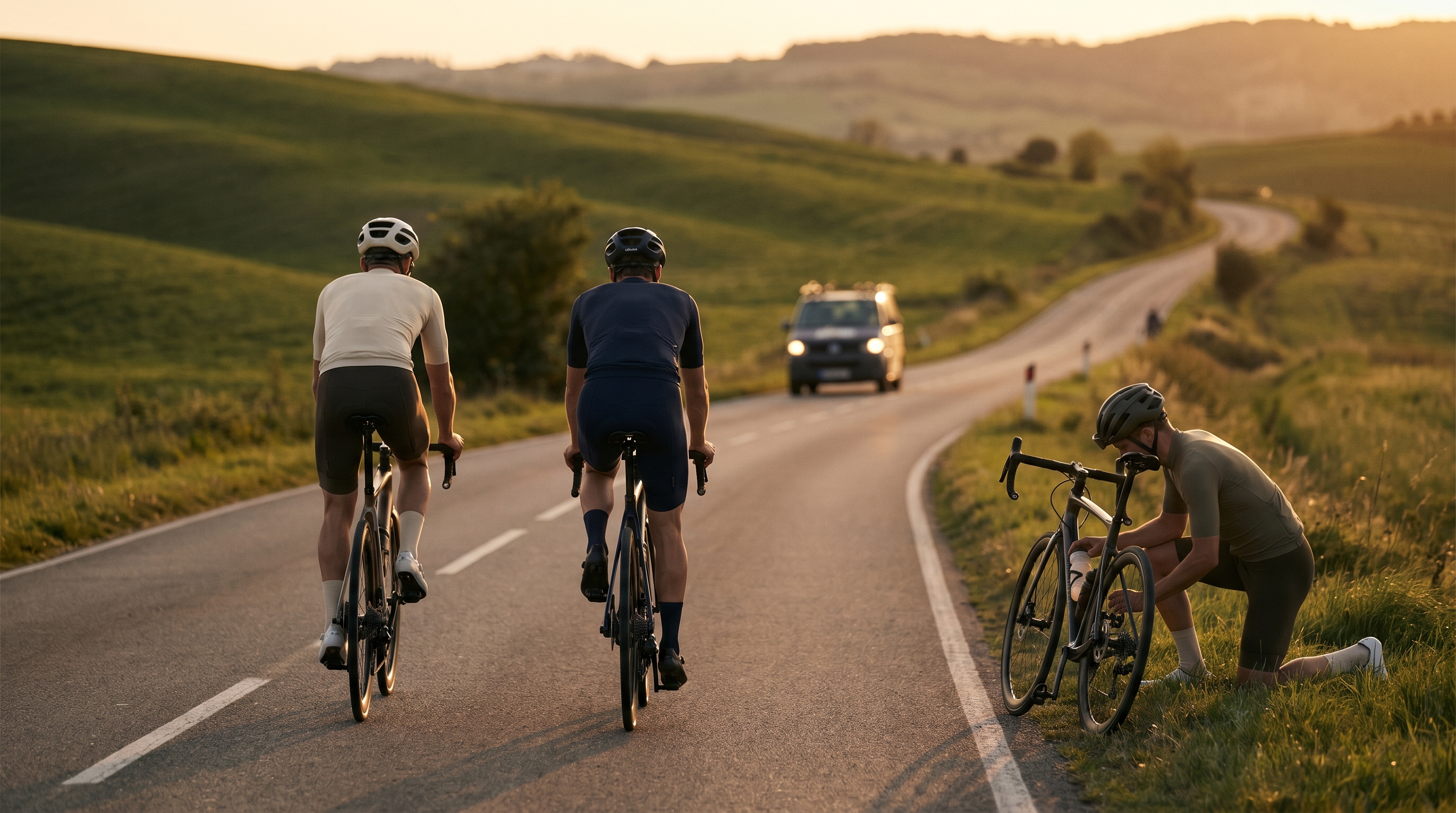 Cycling team training-ride lineup on a quiet country road at golden hour, with two cyclists in plain neutral kit and a support vehicle in soft focus.
